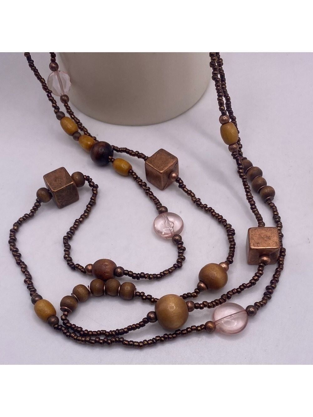 Beaded Necklace chic beads and metallic copper colored geometric squares